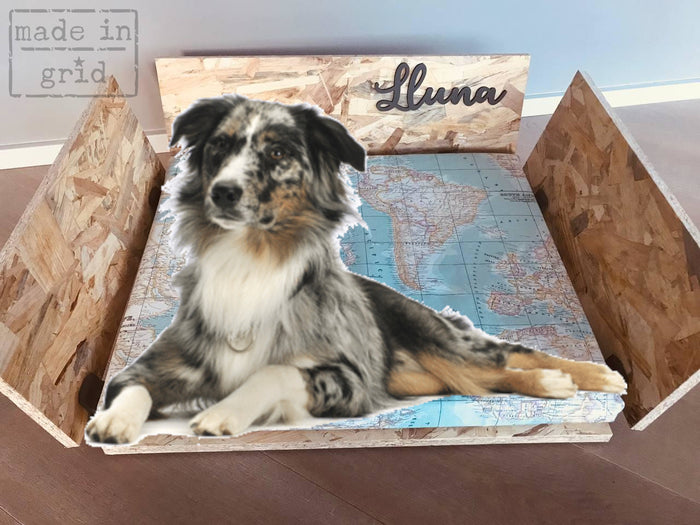 Regalo personalizado para mascotas: cama de madera con nombre